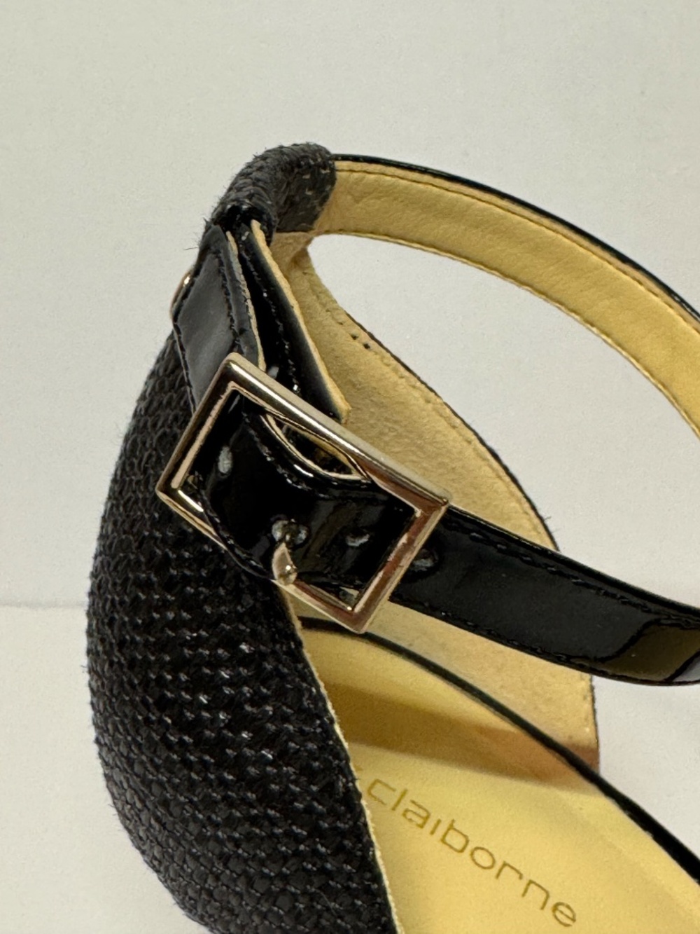 Liz Claiborne Black Embellished Ankle Strap Heels Woven 7.5 Rhinestone Sandals - Picture 9 of 13